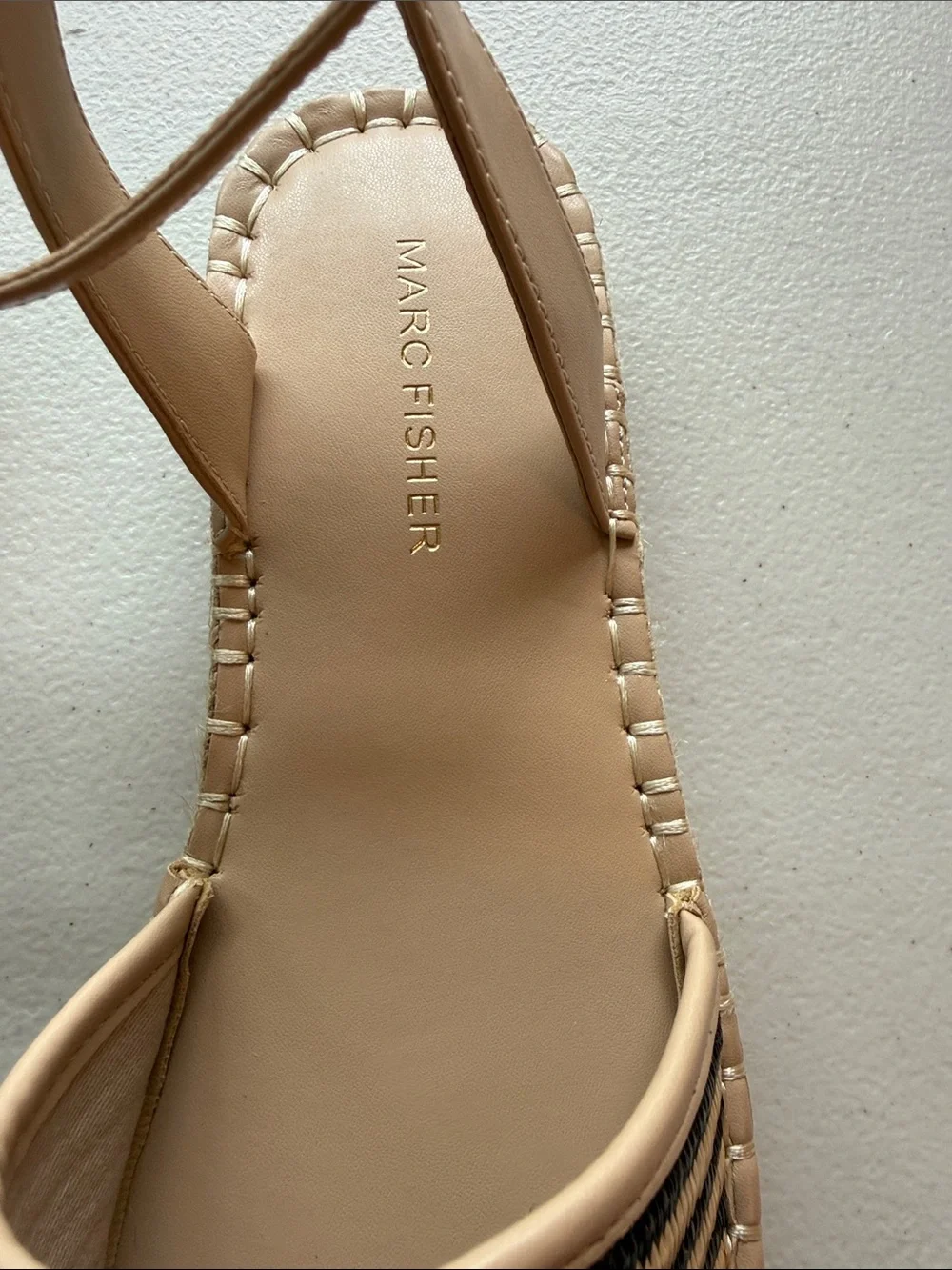 Marc Fisher Bessie Espadrille Flats Tan & Black Woven Striped Ankle-Strap Sandal